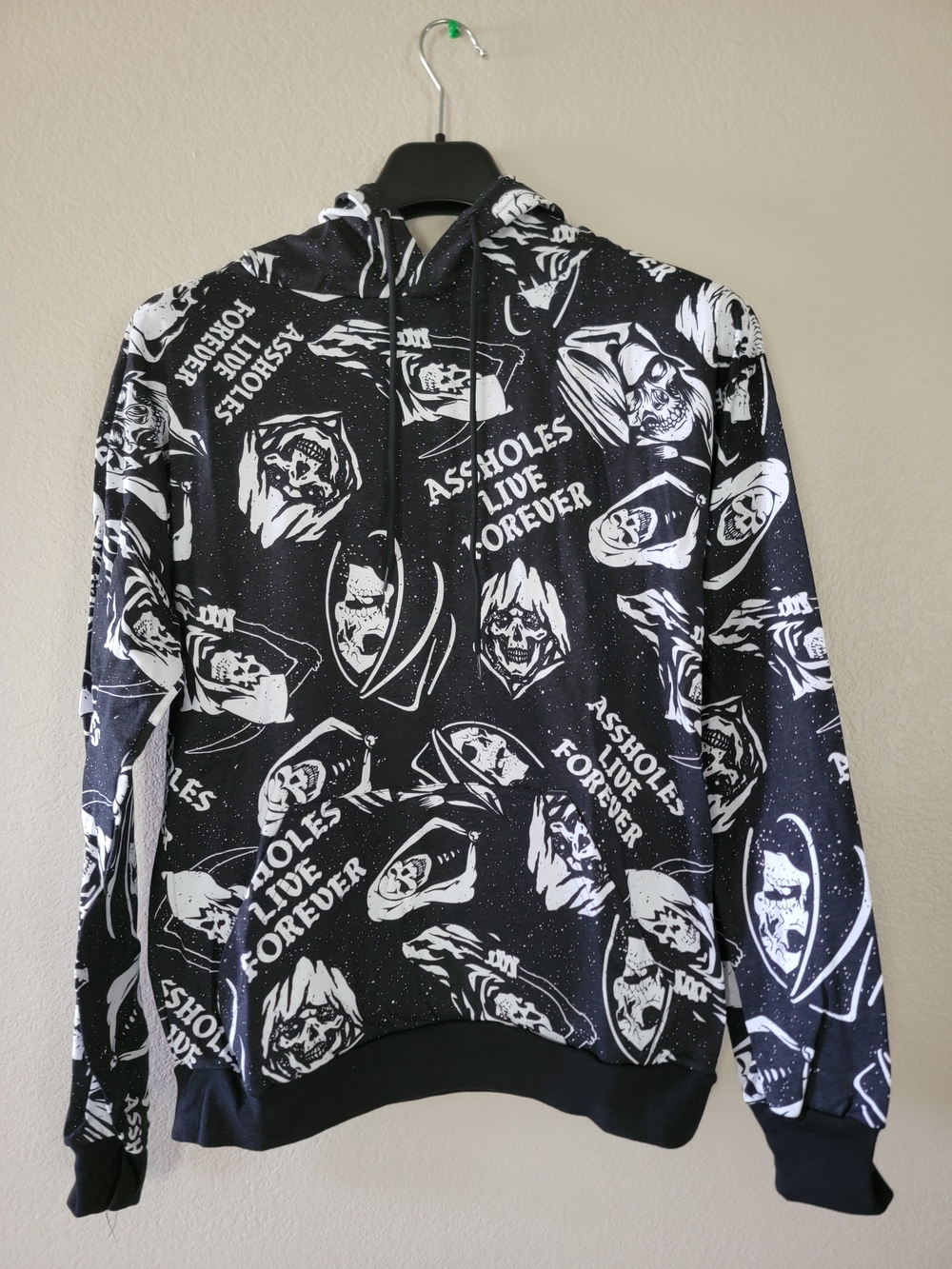 Lightweight Black Graphic Assholes Live Forever Hoodie with White Skull Print